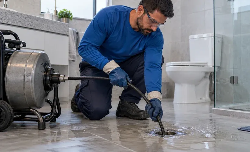 Água turva retornando ao redor de um ralo quadrado no piso do banheiro