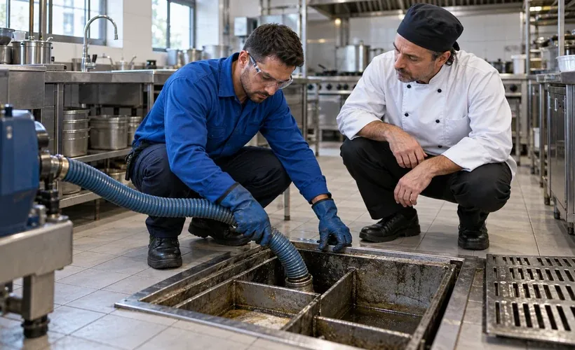 Técnico e chef avaliam a caixa de gordura no piso da cozinha de um restaurante antes do expediente