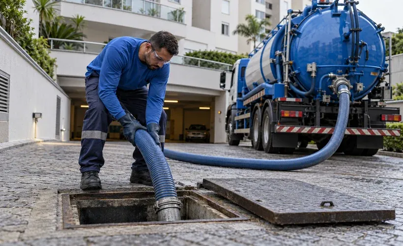 Técnico acompanha a sucção a vácuo em uma caixa coletora de condomínio