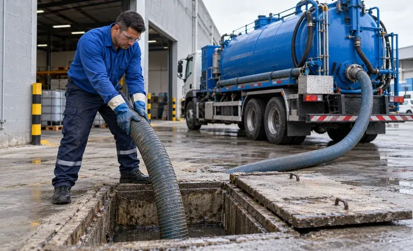 Mangueira de sucção a vácuo ligada ao caminhão retirando resíduos de uma caixa em pátio industrial