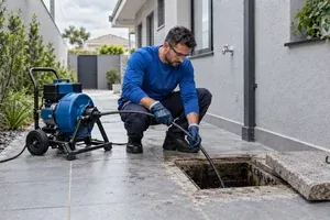 Técnico agachado usa máquina elétrica para desentupir a rede de esgoto pela caixa de inspeção de uma casa