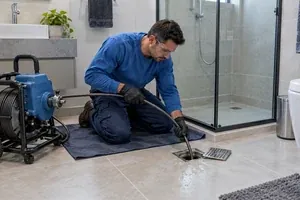 Técnico avalia um ralo aberto no piso do banheiro, ao lado do box