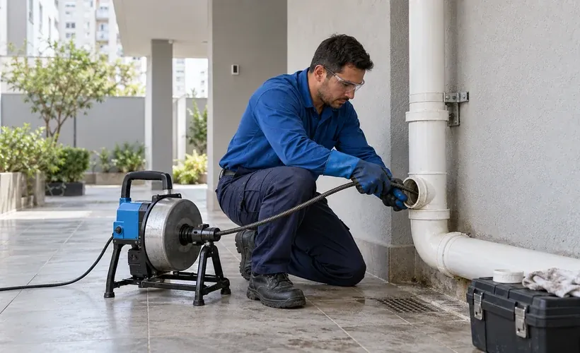 Técnico inspeciona a coluna de esgoto de um prédio residencial em Curitiba