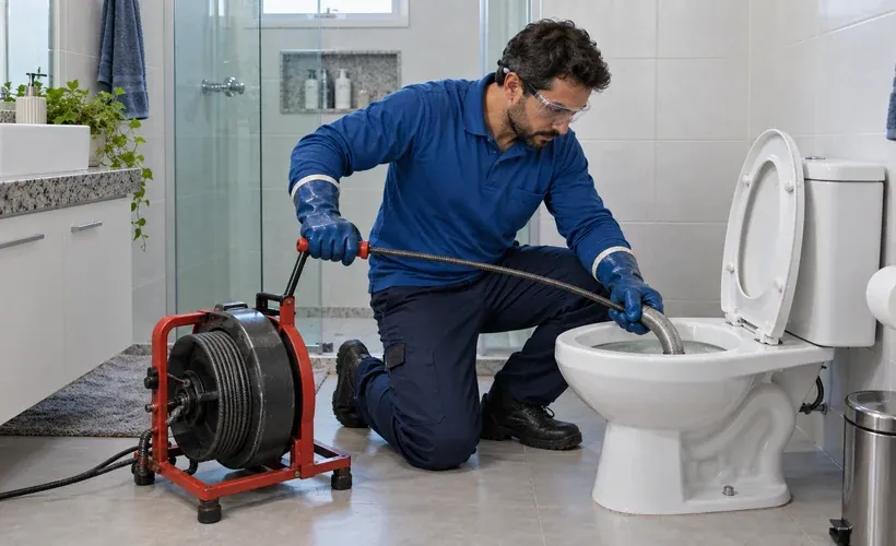 Técnico desentupindo o vaso sanitário de um banheiro pequeno de apartamento em Curitiba