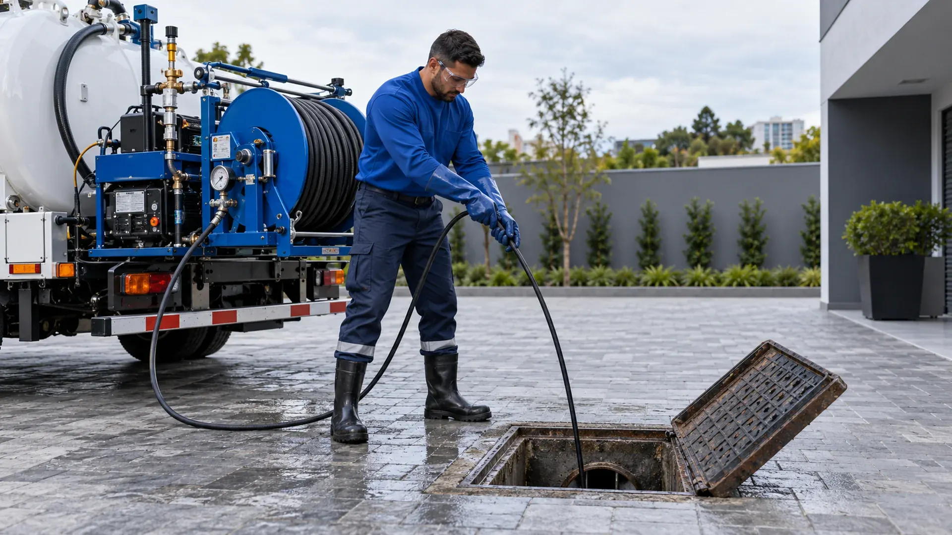 Técnico conduz a mangueira de hidrojateamento do carretel azul para dentro de uma caixa de inspeção de esgoto